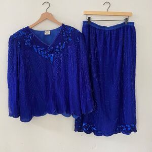 Vintage Elegance by Anujan Womens Skirt & Top Set Size 3X 100% Silk Beaded Blue